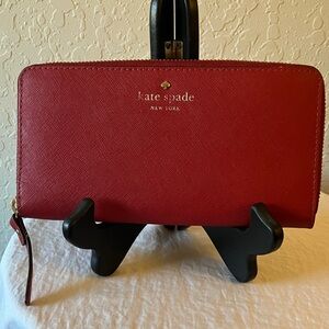 Kate Spade: Cherry Red Saffiano Zip-Around- Gold Tone- Accordion Wallet